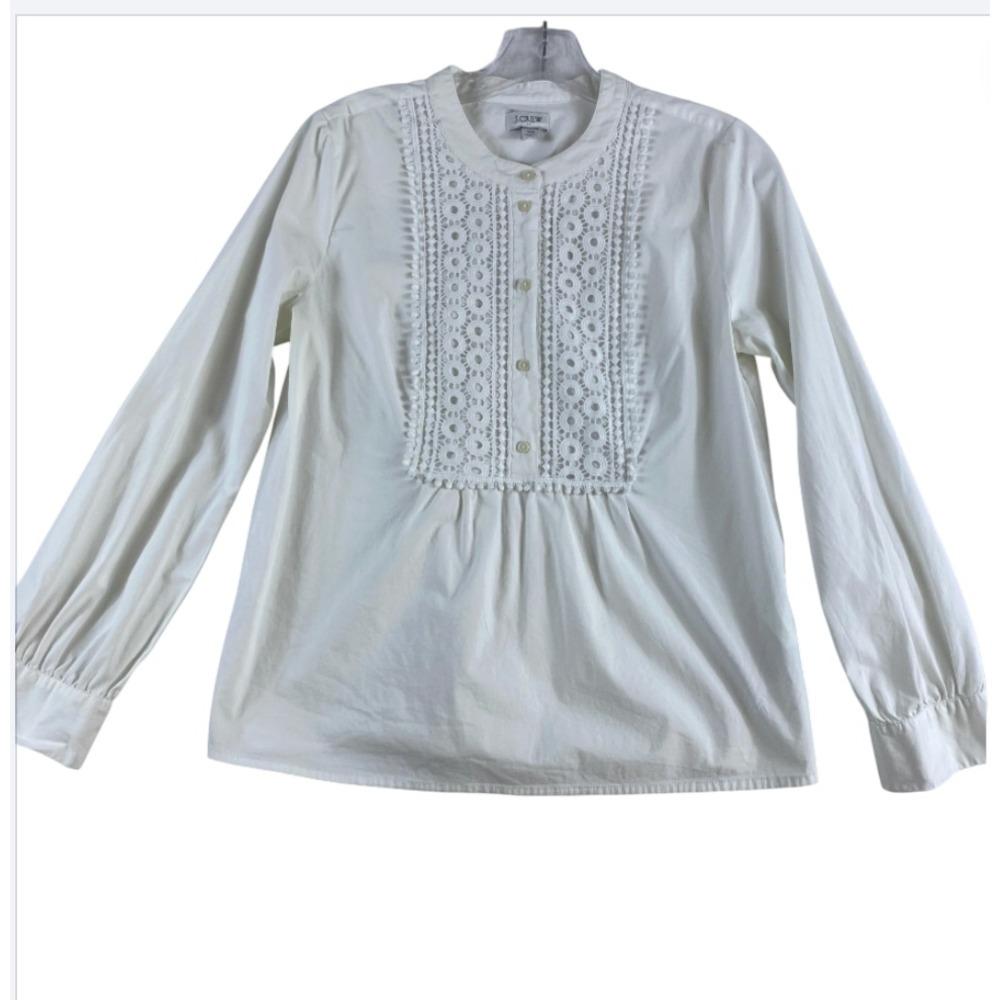 2/$30 J.Crew Factory Blouse Top Shirt Sz XS White Poplin Dainty Lace Long Sleeve